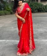 Soft Fandy Satin Saree With Heavy Embroidery Sequence With Multi Thread , Jari Work And Scallop Border😍 - Image 3