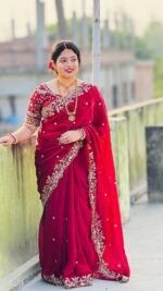 Soft Fandy Satin Saree With Heavy Embroidery Sequence With Multi Thread , Jari Work And Scallop Border😍 - Image 2