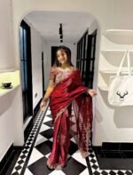 Soft Fandy Satin Saree With Heavy Embroidery Sequence With Multi Thread , Jari Work And Scallop Border😍 - Image 4